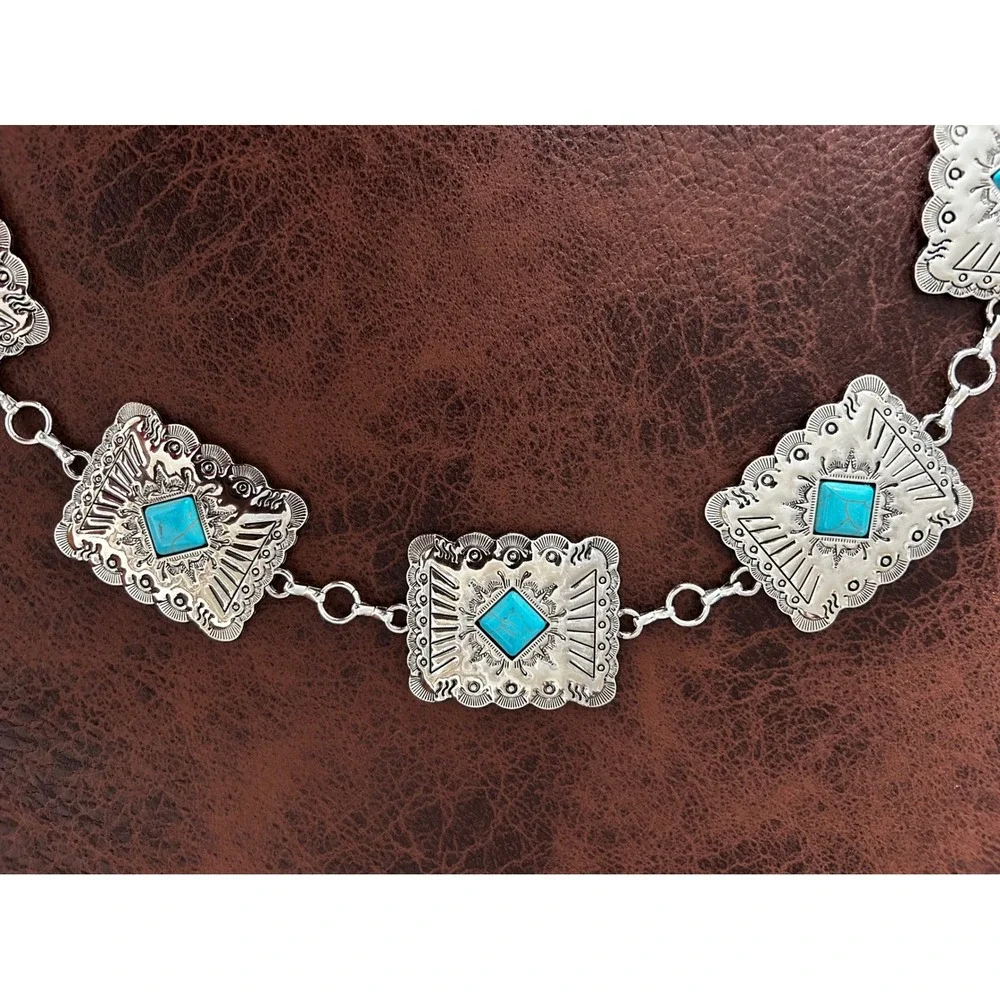 Illuma‎ Womens Silver Tone Turquoise Concho Chain Belt Southwestern Boho S/M